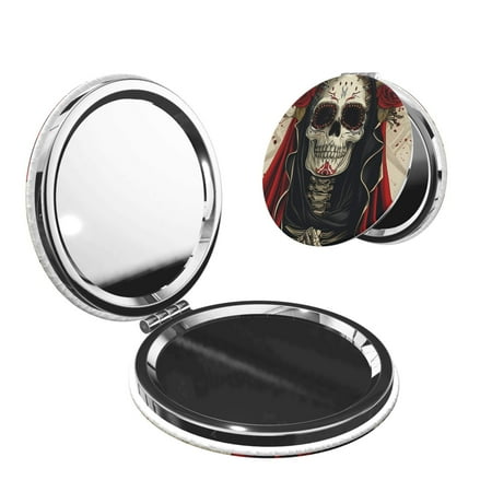 Goofa Gothic Skull With Roses Pattern Pocket Mirror Portable Makeup Mirror Travel Makeup Mirror Dual-Sided Compact Mirror Gift Makeup Mirror-Round Shape