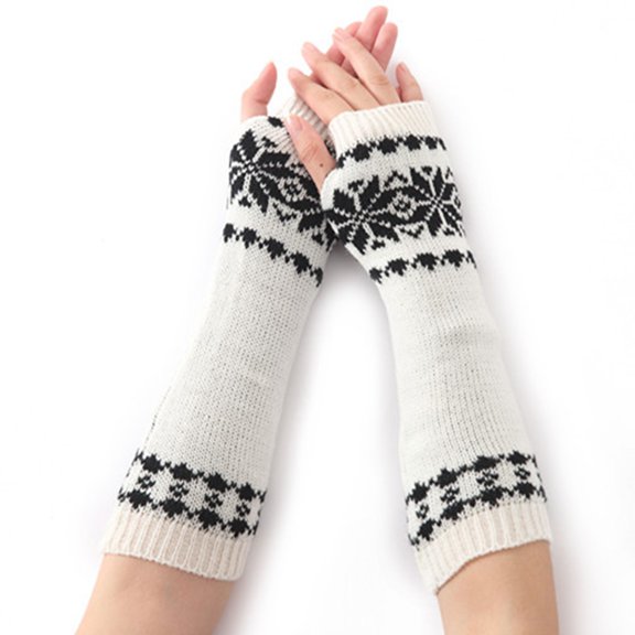 A Pair of Gloves White Polyester Christmas Winter Season Fingerless Wrist Warmer Forearm Warmer Christmas Snowflake Jacquard Mitten Gloves