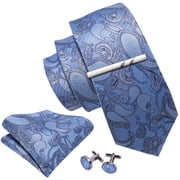 Barry.Wang Paisley Tie Fashion Set Hanky Cufflinks Clip Neckties for Men Woven Silk Wedding Party Festival Sky Blue 5PC