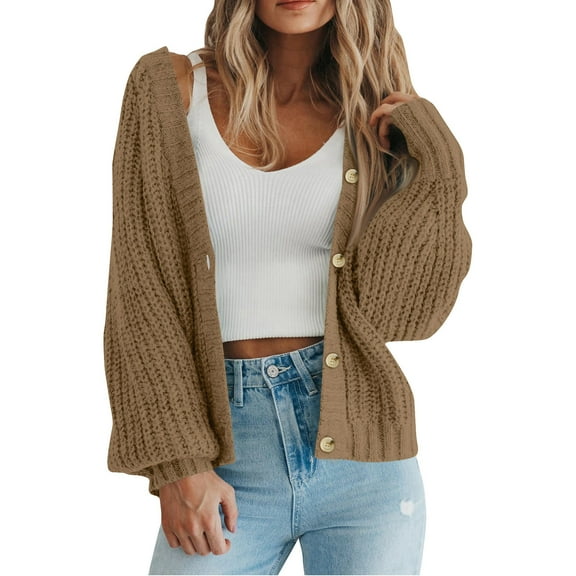 hoksml Women's Chunky Knit Cardigan Short Button Down Open Front Sweater Oversized Long Sleeve Cozy Cover-Up Ladies Outwear