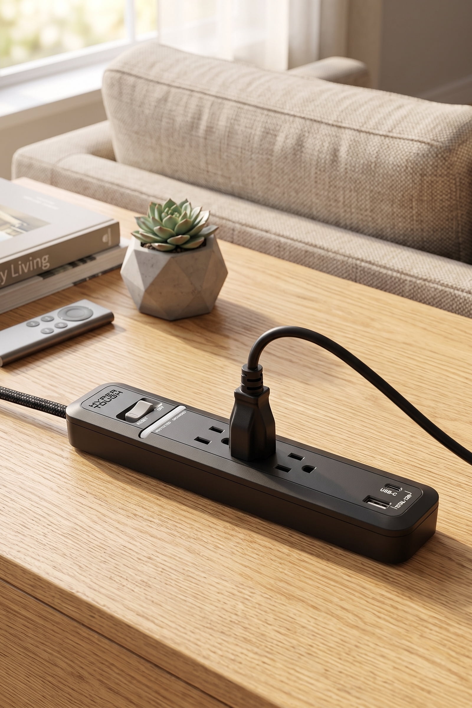 Hyper Tough 3-Outlet Power Strip with USB-A & USB-C, 6 Ft Extension Cord, Black