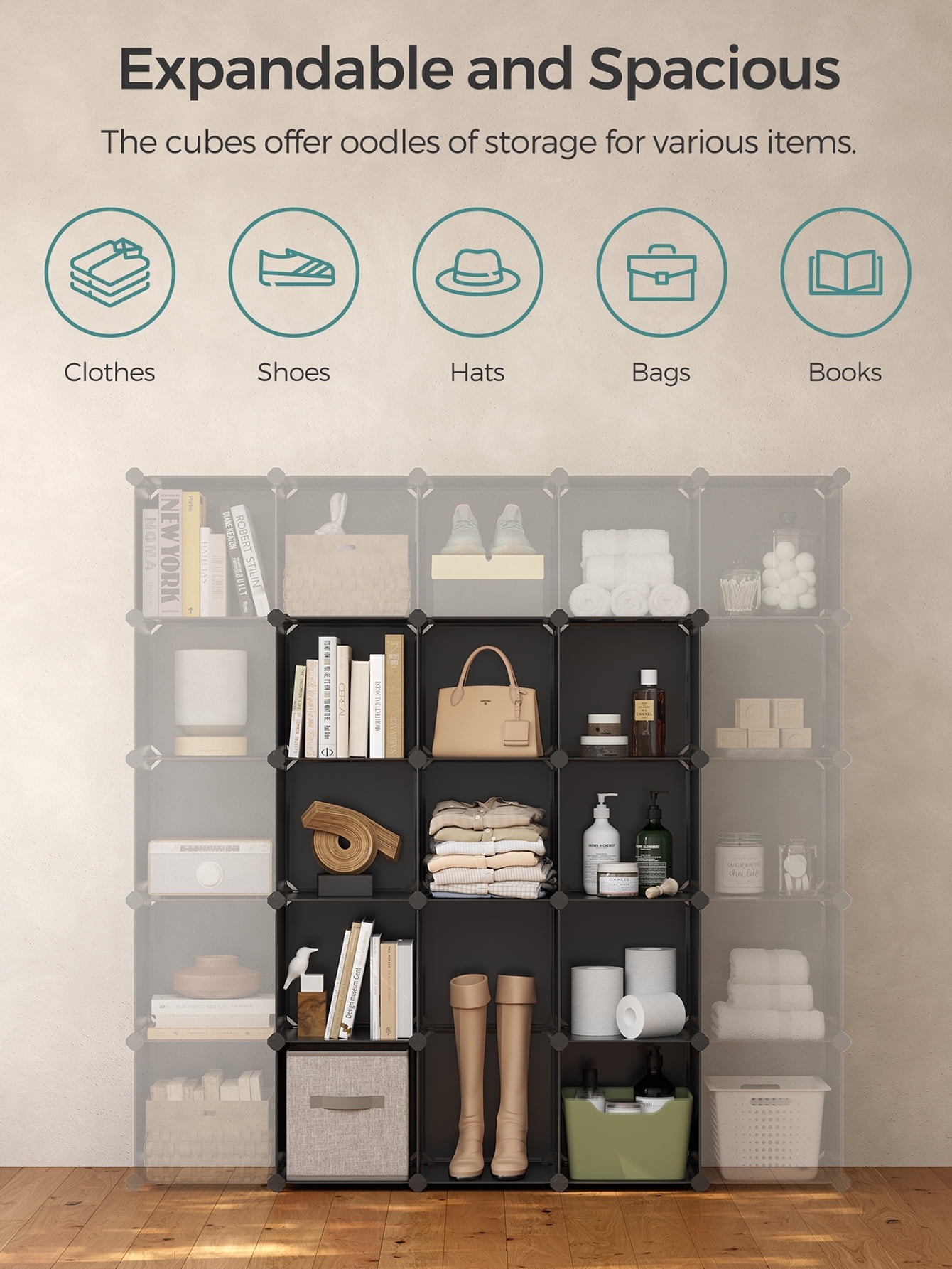 DIY 16 Cube Storage Organizer Shelf Closet Cubbie Storage Bookcase for Bedrrom Living Room Black