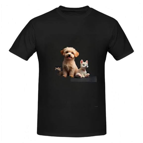 Cute Cotton Short Sleeve T-Shirt for Women - Adorable Fluffy Puppy & Cat Design Playful Animal Print Tee Top