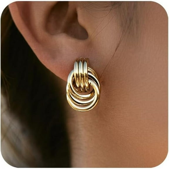 14K Gold Plated Chunky Gold Earrings for Women Knot Link Circle Statement Drop Dangle Earrings Studs Trendy Jewelry