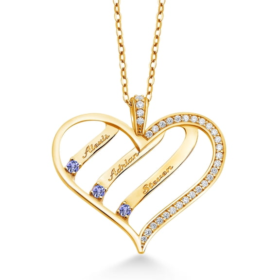 Gem Stone King 0.38 Ct Round Blue Tanzanite and Created Moissanite 18K Yellow Gold Plated Silver Pendant with Chain
