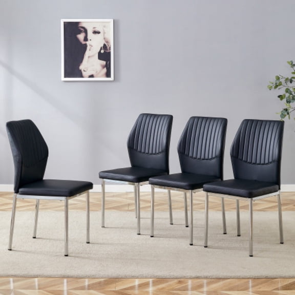 SUDICA Modern PU Leather Dining Chairs Set of 4, Ergonomic High Back Kitchen Chairs with Silver Metal Legs, Comfortable Padded Seat, Easy to Clean, Black