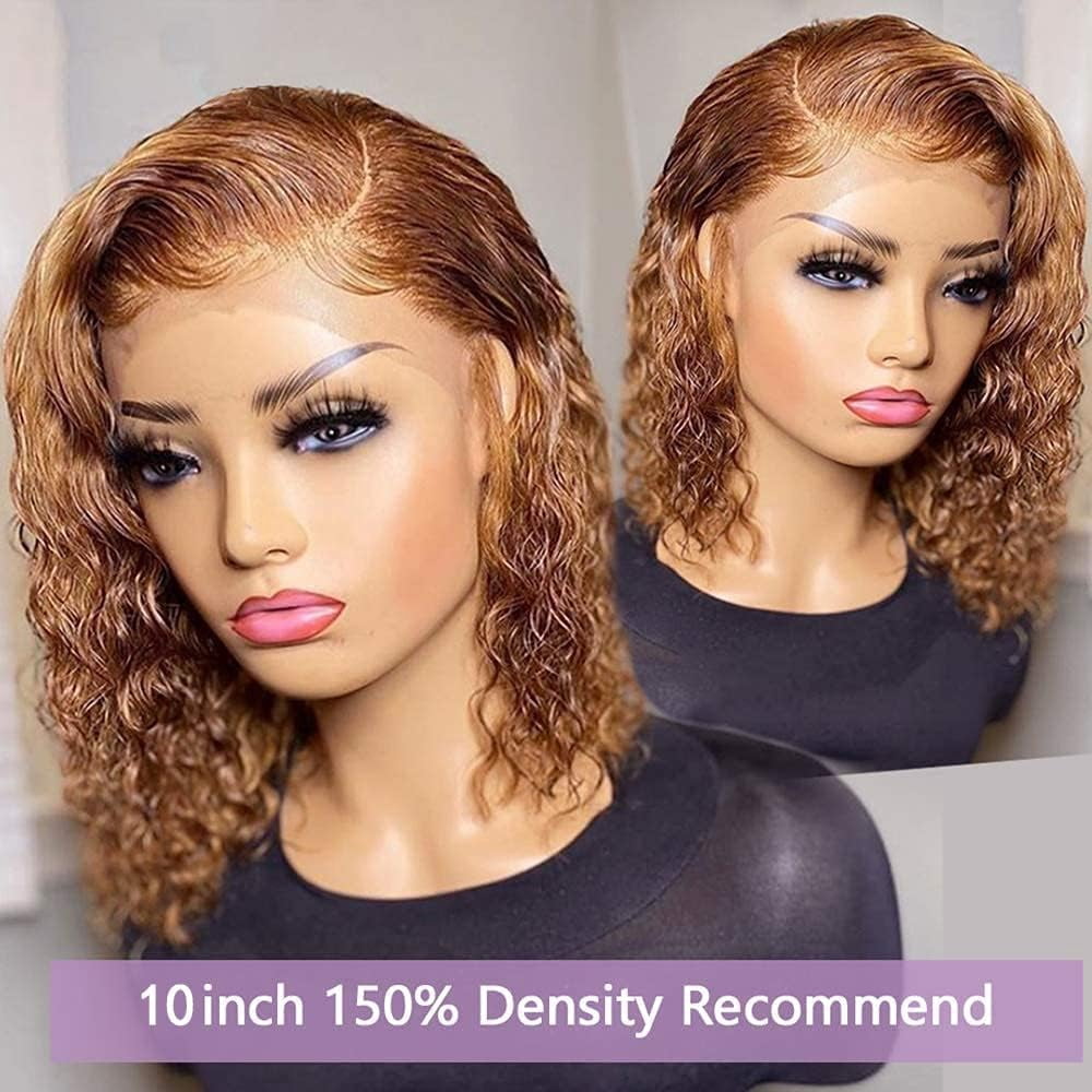 SUCS Short Curly Honey Blonde Bob Wig Lace Front Human Hair Wigs For Women Light Brown
