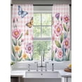 thumbnail image 2 of Pink Flowers Sheer Curtains 72 Inch Length 2 Panels Set Window Treatments, Spring Floral Butterfly Leaves Plants Rustic Plaid Rod Pocket Semi Curtains for Living Room/Bedroom/Kitchen, 104"W x 72"L, 2 of 7