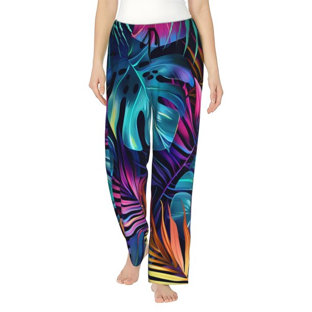 Fotbe Colorful Tropical Leaves Pantalones de Pijama para Mujer, Pantalones de Dormir, Pantalones Pj con Cordón y Bolsillos-Small