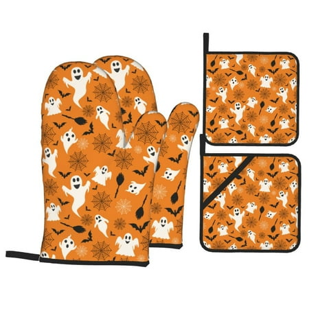 

Oven Mitts and Pot Holders 4 pcs Set halloween ghost cute print Heat Resistant Pot Holders Oven Mitts for kitchen Non-Slip Hanging Loop Oven Glove Potholders for Baking Cooking