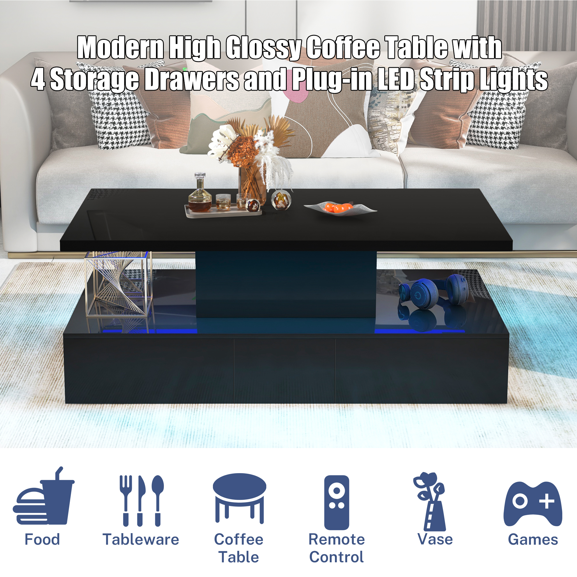 Black LED Coffee Table for Living Room, PAPROOS Modern High Glossy Center Table with 4 Drawers, Smart Cocktail Table Rectangle, Sofa Side Tea Tables with LED Lights, 41"L×25"W×16"H
