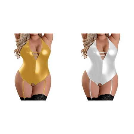 (2-Pack) Kcodviy for Women Plus Animal Print for Women Sizr Leather Teddy Bodysuit Womens Romper Cutout V Woman s Neck Lace Up Conjoined with Thong