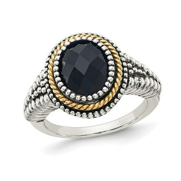 CheckerBoard Cut Black Onyx Ring in Antiqued Sterling Silver with 14K Gold Accent