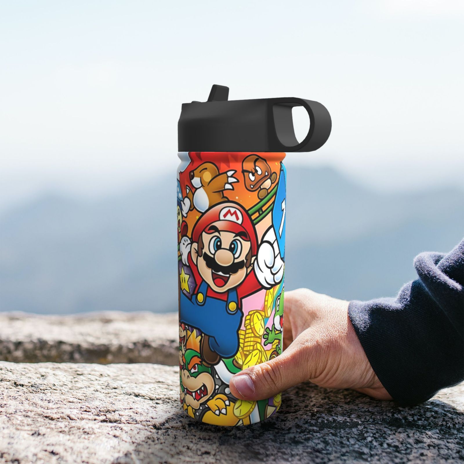 Super Mario Insulated Stainless Steel Wide Mouth Water Bottle With Flex Straw Lid For Kids Sports School And Travel 18oz Cute Thermos Reusable Leak Proof