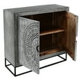 thumbnail image 4 of 39 Inch Handcrafted Accent Cabinet with 2 Doors, Medallion Engraved, Sandblasted Gray Mango Wood, Black Iron Framed, 4 of 8