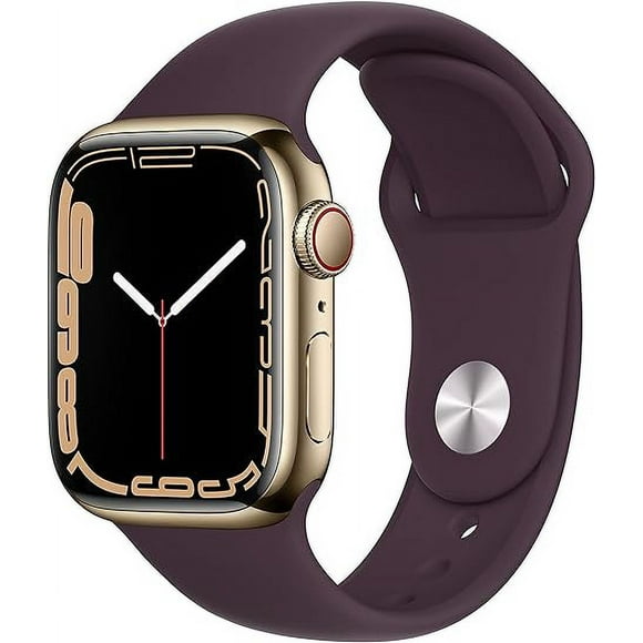 Apple Watch Série 8 (Cas en Acier Inoxydable 45mm Or) GPS + Montre Intelligente Cellulaire avec Bande de Sport Cerise Noire Certifié Rénové (Grade A)