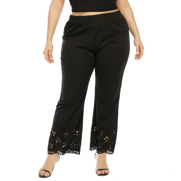 Women's Plus Size Black Flare Pants Elastic Waist Hollow Straight Leg Pants  Casual Loose Fit Lounge Trousers 