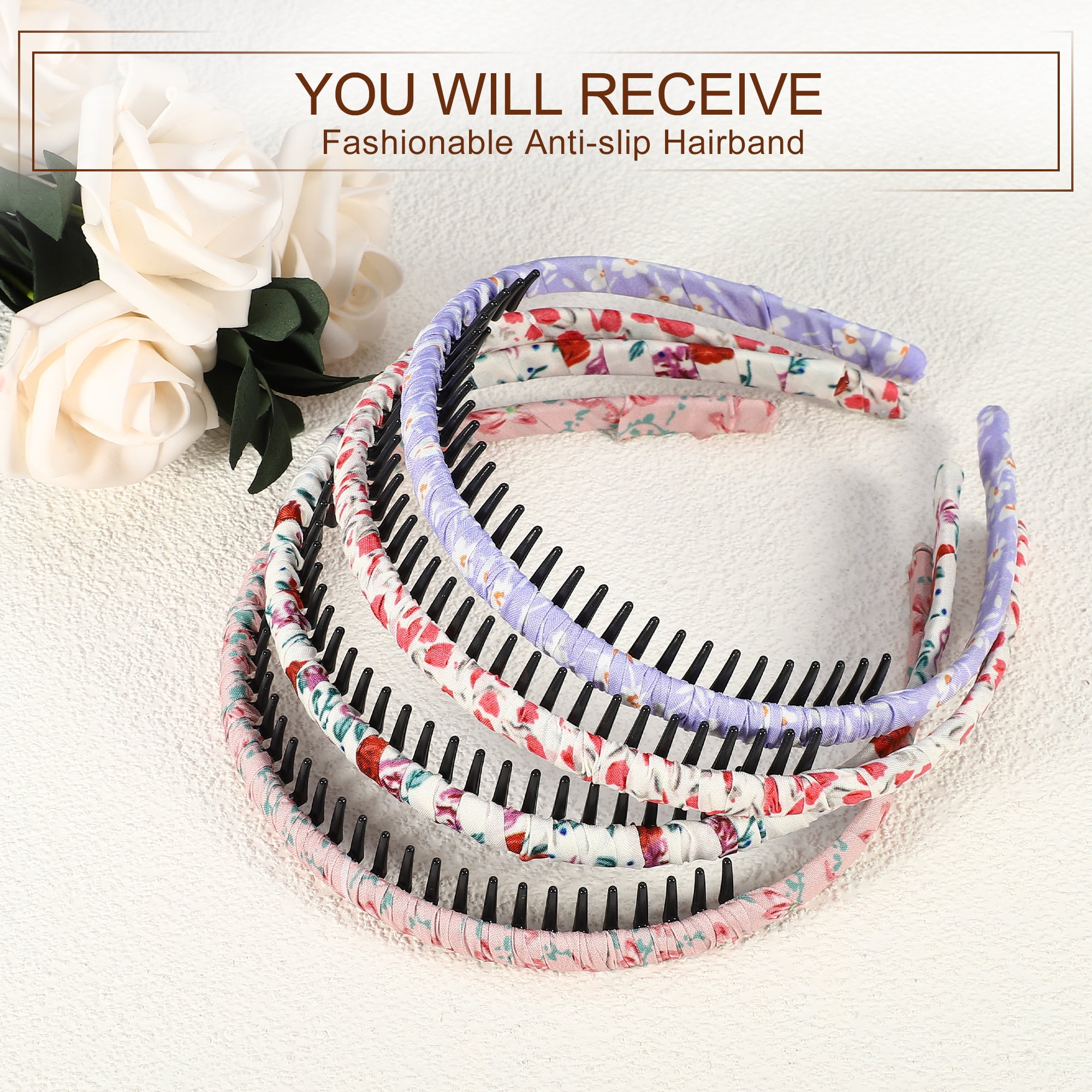 Unique Bargains 4pcs Elastic Teeth Comb Floral Pattern Headbands Tooth Comb for Women