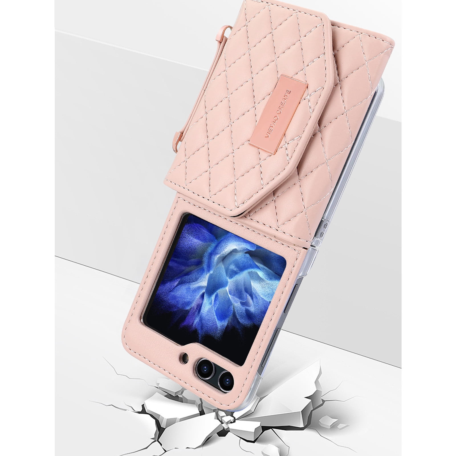 ELEHOLD Leather Wallet Case For Samsung Galaxy Z Flip 4, PU Leather Crossbody Strap Card Slots Drop Protective Phone Case Hinge Cover, Stand Feature, Pink