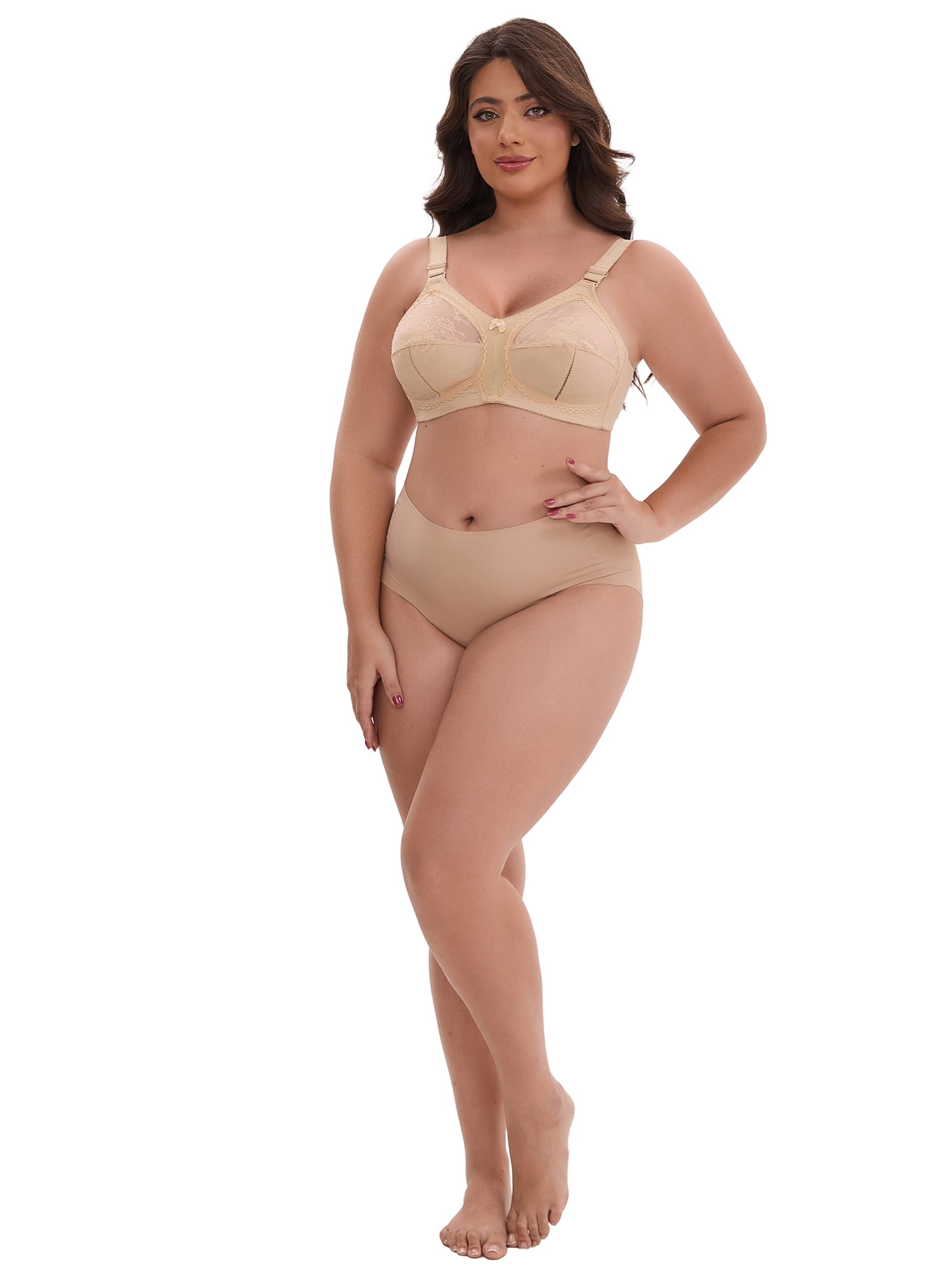 DARING DIVA Women's V-Neck Full Cup Wireless Bralette Lace Mesh 44D Beige