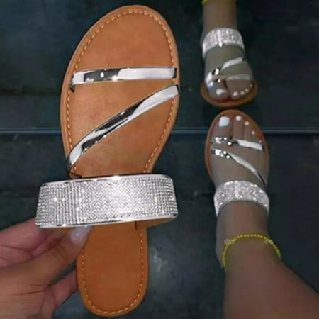 LoyisViDion Womens Sandals Clearance Women S Summer Rhinestone Slip-On Beach Open Toe Breathable Sandals Shoes Silver 8.5(40)