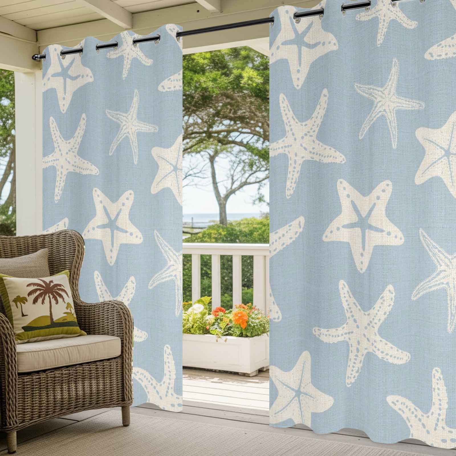 Starfish Outdoor Curtains for Patio, Summer Beach Nautical Ocean Sea Star Marine Life Light Blue Sunshade Privacy Drapes Grommet Waterproof Outside Curtains for Porch Balcony 54"x 108", 1 Panel