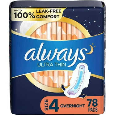 Always Ultra Thin Feminine Pads with Wings for Women, Size 4, Overnight Absorbency, Unscented, 26 Count x 3 Packs (78 Count total)