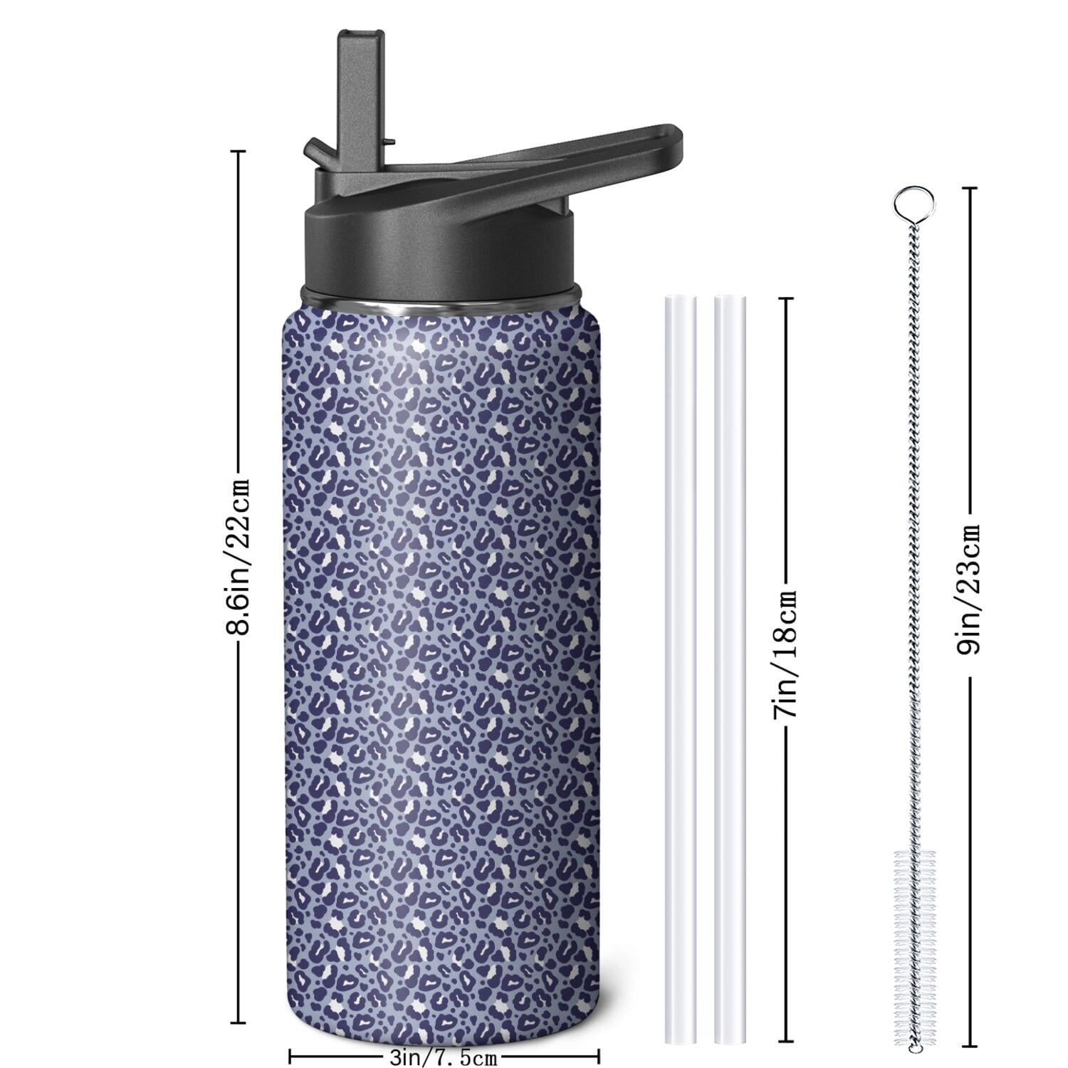 Leopard Print Insulated Stainless Steel Water Bottle with Straw & Cleaning Brush – 18 Oz | Leakproof, BPA-Free, 304 Stainless Steel, Wide Mouth, Travel Mug for Car, Gym, Office