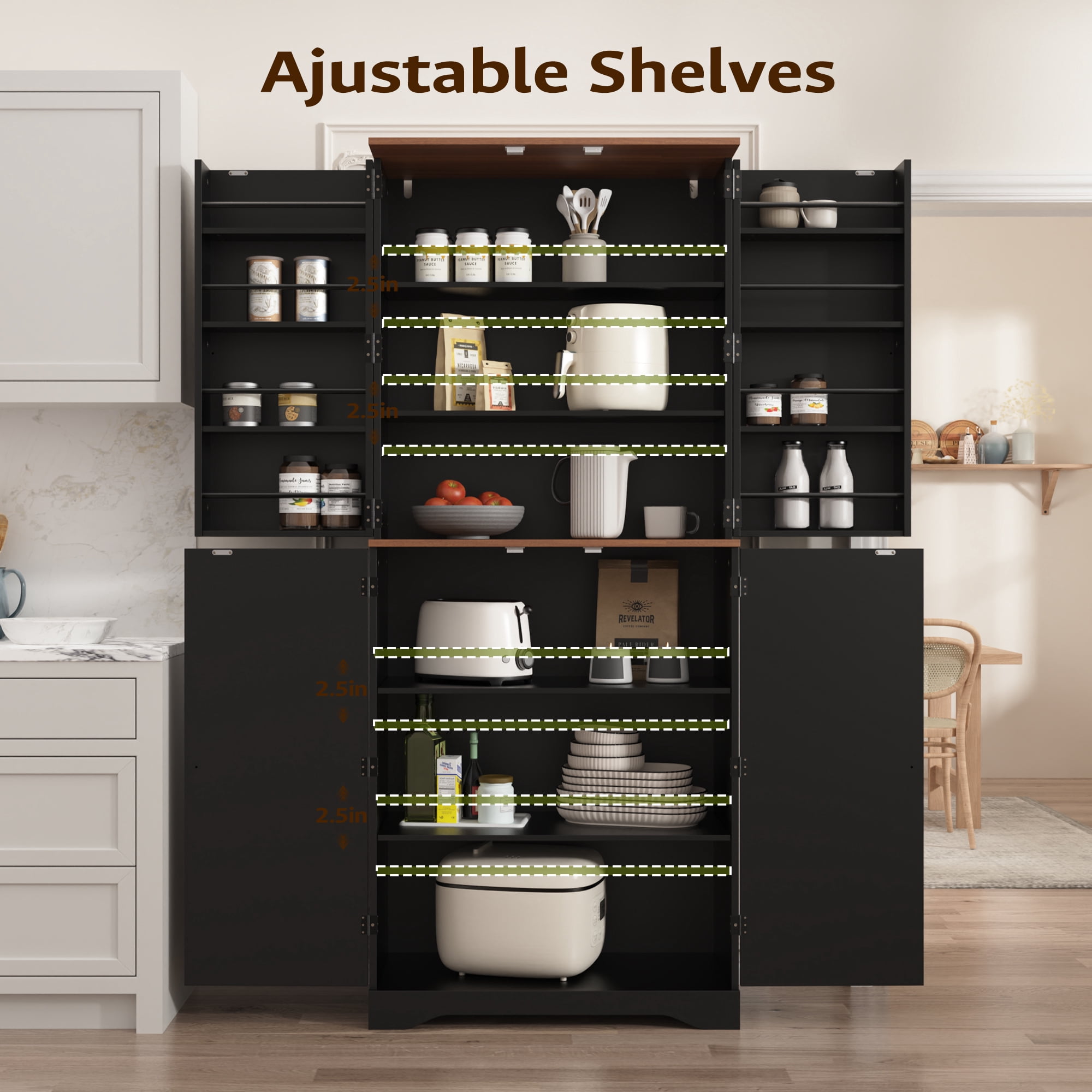 Farmhouse Pantry Storage Cabinet, 72" Tall Kitchen Pantry with Doors Organizer, Freestanding Cupboard with Adjustable Shelves, Rustic Buffet Cabinet for Kitchen, Dining Room, Bathroom, Black