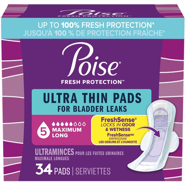 Poise Ultra Thin Postpartum Incontinence Pads, Maximum Absorbency, Long Length, 34 Count