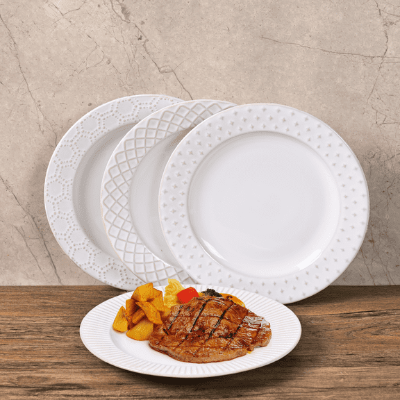 Dinner Plates Embossed White Ceramic Microwave Safe 4-Piece 8-Inch