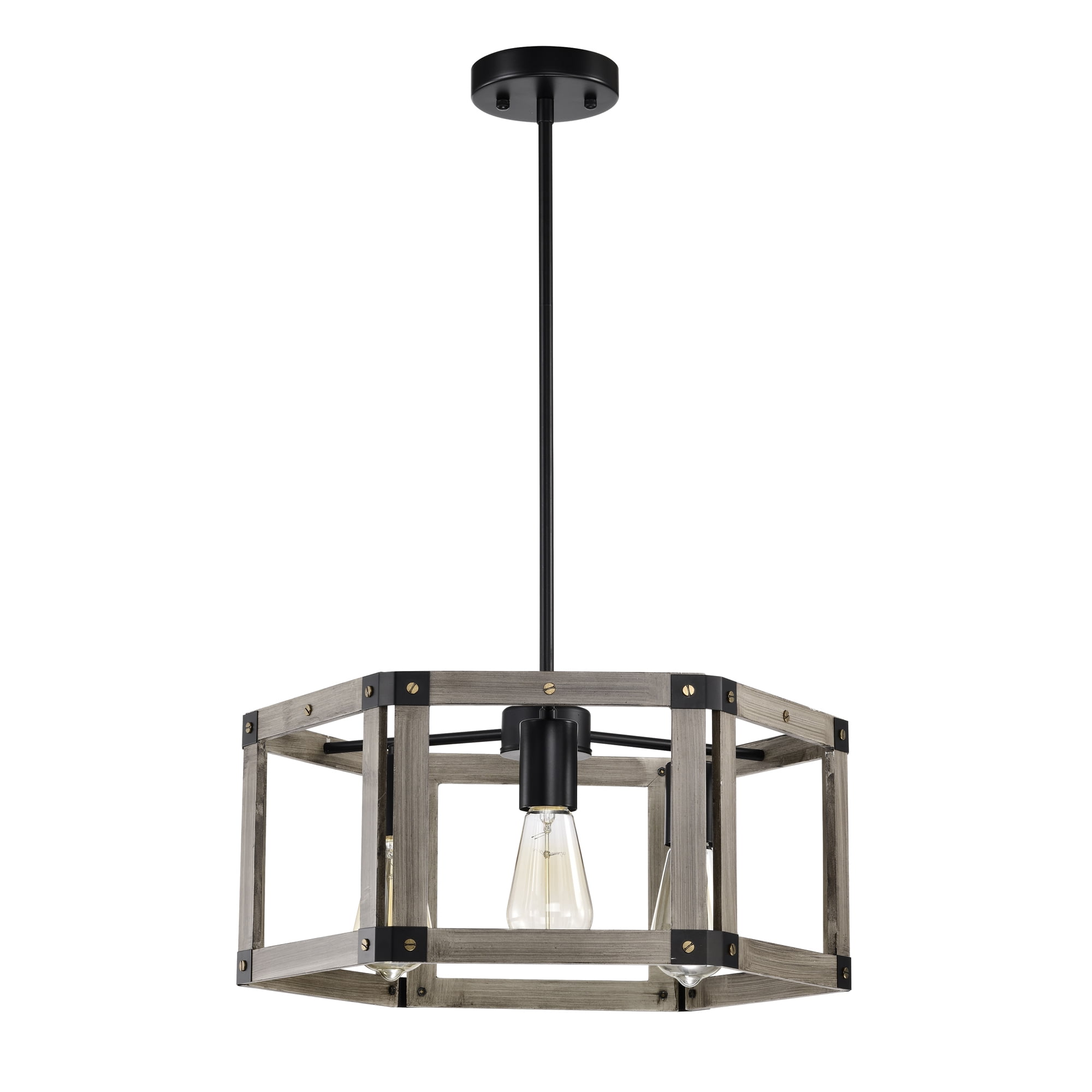 Malli 19 in. 3-Light Indoor Matte Black and Faux Wood Grain Finish Chandelier with Light Kit