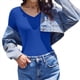 thumbnail image 3 of Camiseta Básica Ajustada de Punto Acanalado con Cuello en V y Larga para Mujer Azul S, 3 of 7