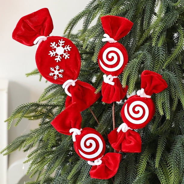 Recortes de Caramelos Navideños de Terciopelo a Rayas Rojas y Blancas, Piruletas de Lana Navideñas, Adornos para Árbol de Navidad