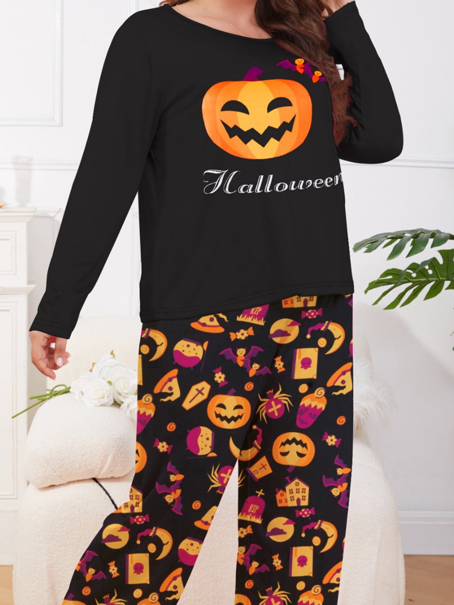 Pyjama 2 Pièces Femme Halloween - Haut Manches Longues Et Pantalon Imprimé Citrouille Chauve-souris, Confortable Pour La Maison, Fête, Automne/hiver