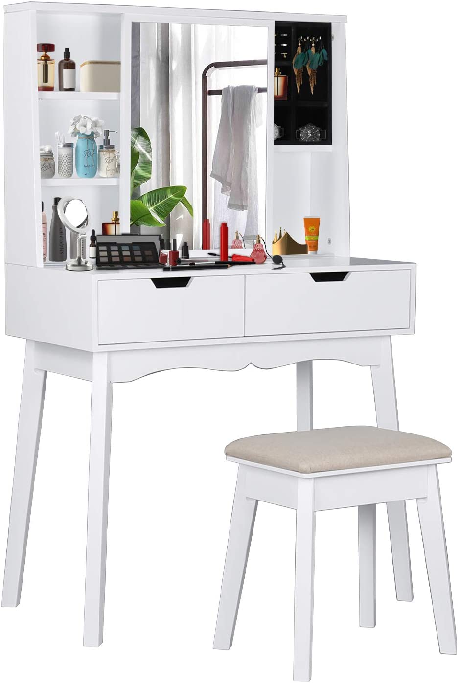 White Vanity Table Set With Movable Mirror Removable Jewelry Storage Box Cushioning Stool 5 Racks 2 Drawer Dressing Table Walmart Com Walmart Com