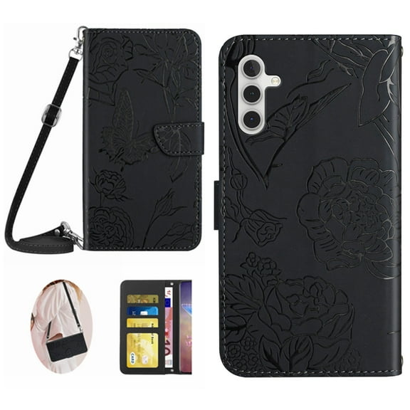 Elegant Butterfly Flower Embossed Flip Case for Samsung Galaxy A15 - PU Leather Wallet Case with Kickstand Card Slots Drop Protection Wrist Strap and Shoulder Strap for Samsung Galaxy A15, Black