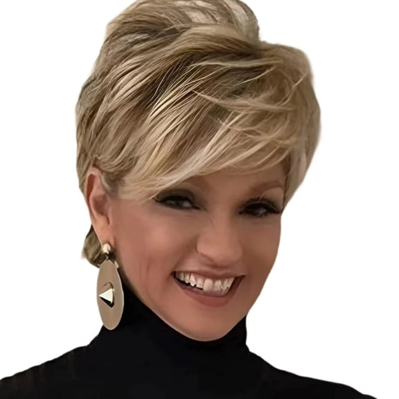 QUEENTAS Short Blonde Pixie Cut Wig for Women, Natural Looking Layered Wig with Bangs, Glueless Easy Wear Synthetic Hair Wig with Adjustable Cap, Brown Root Ombre