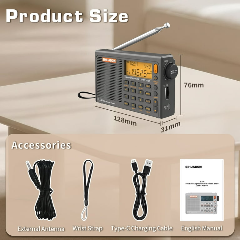 SIHUADON R-108 Portable Shortwave Radio, FM AM SW Air Bands SIHUADON R-108 Portable Shortwave Radio, FM AM SW Air Bands