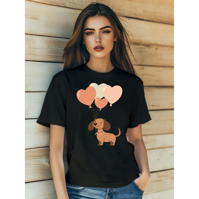 Camiseta de mujer con estampado kawaii de perro con corte de San Valentín, manga corta, cuello redondo, deportiva y de ocio.