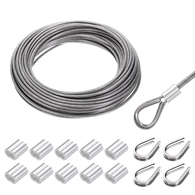 Uxcell 66FT Stainless Steel Cable Kit, 1/8" Silver 7x7 Strand Wire Rope with Loop Sleeves for Outdoor Deck Fence Wire