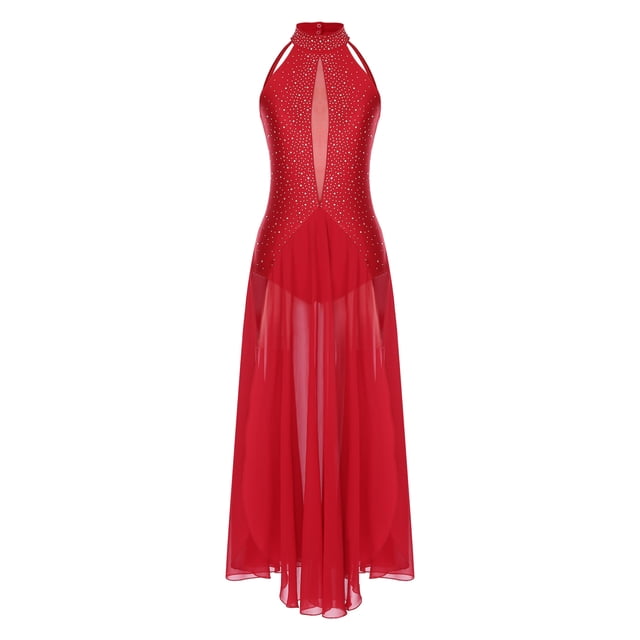 YiZYiF Costume de Danse Lyrique Longue pour Femmes Dos Croisé Robe de Danse Moderne Rouge TP