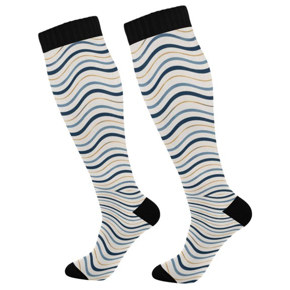 Unisex Knee High Socks, Blue Gold Waves Printed Socks, Long Running Socks for Men & Women (1 Pair)