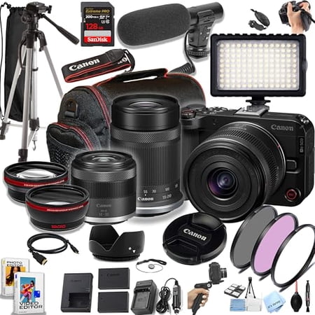 Canon EOS R50 V Mirrorless Camera with 14-30mm + 55-210mm Lenses 128GB Memory Video Light Microphone Grip Filters Lenses Case Software and More (Premium Bundle)