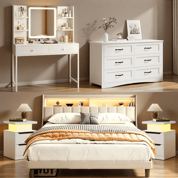 Lofka 5-Piece Modern Bedroom Furniture Set, Full Bed with LED and Charging Station, Nightstands, Vanity and 6 Drawer Dresser