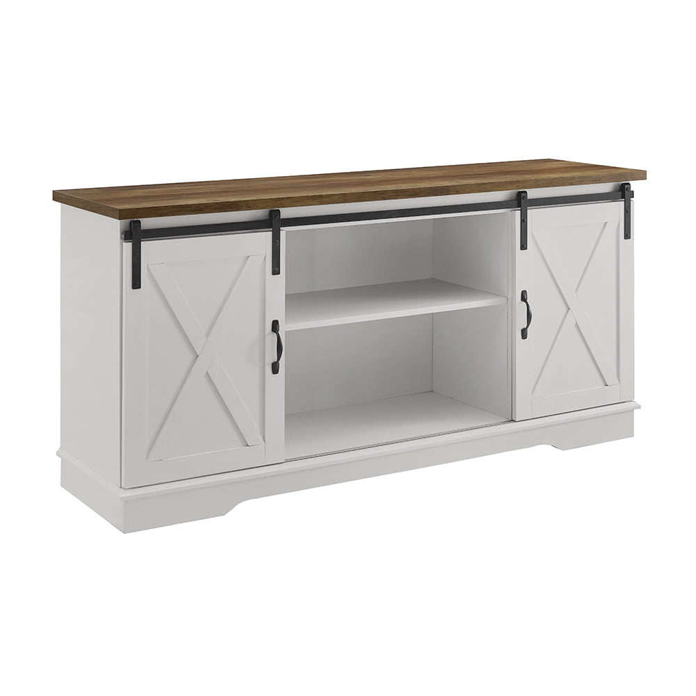 Walker Edison Farmhouse Sliding Barn Door TV Stand for TVs up to 65", White/Reclaimed Barnwood