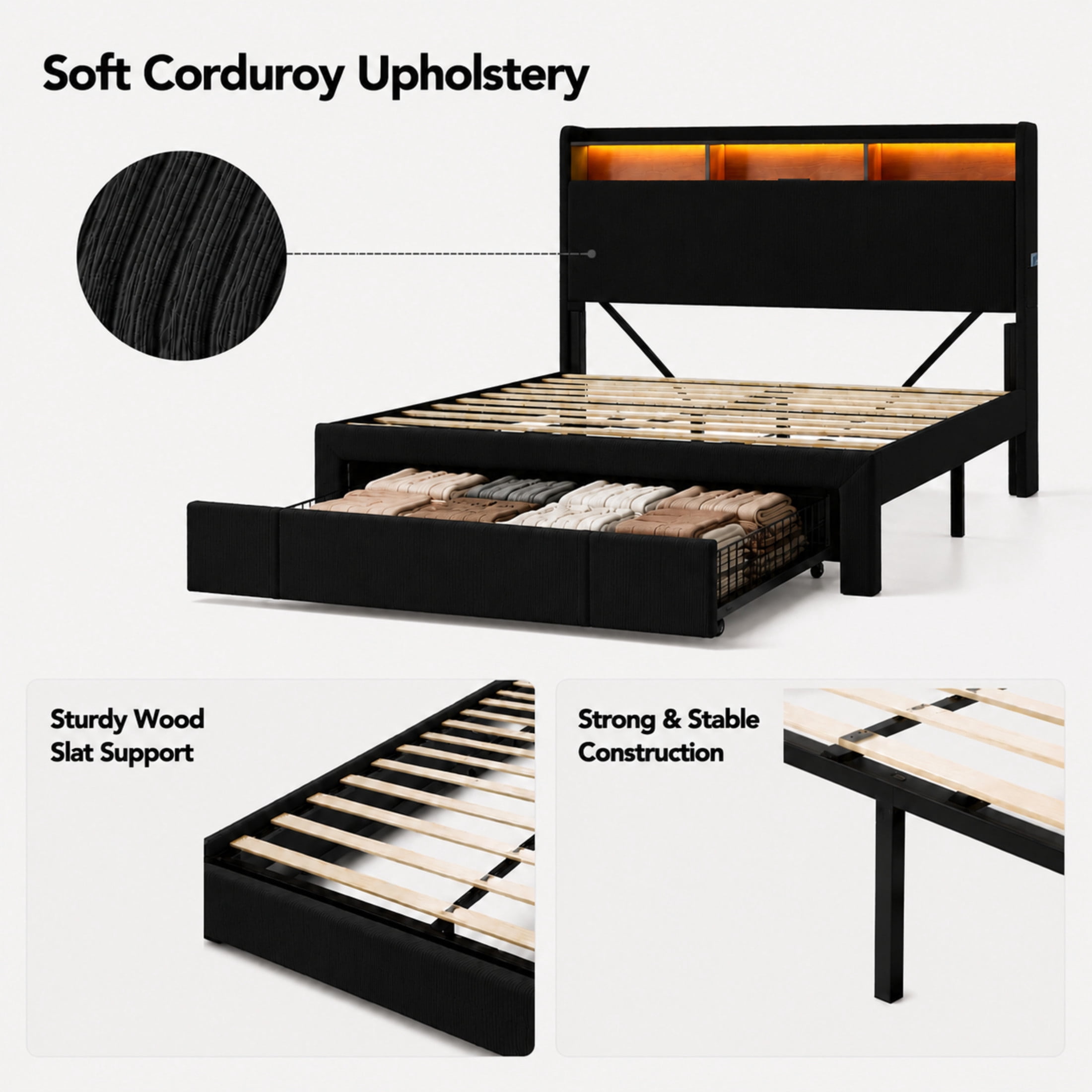 Noble House Rowen Full Upholstered Platform Bed Frame with Charging Station & LED Light, Storage Drawers, Black
