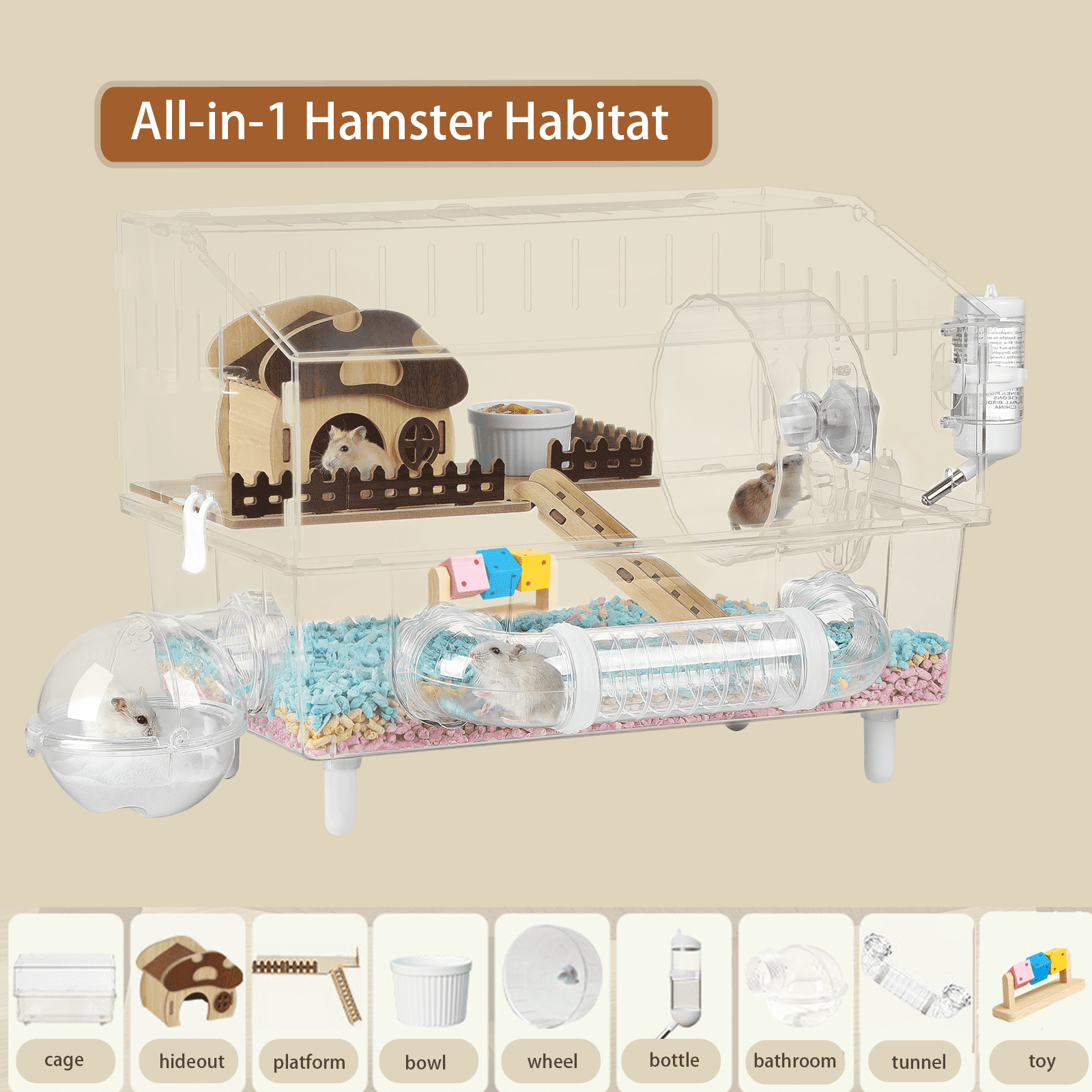 9 in 1 Acrylic Hamster Cage with all accessories and an activity tube,2-layer Hamster House,transparent viewing,top open Mouse Cage for pet mice,Hamster Habitat for Dwarf Hamster,Gerbils;18"x11"x13.4