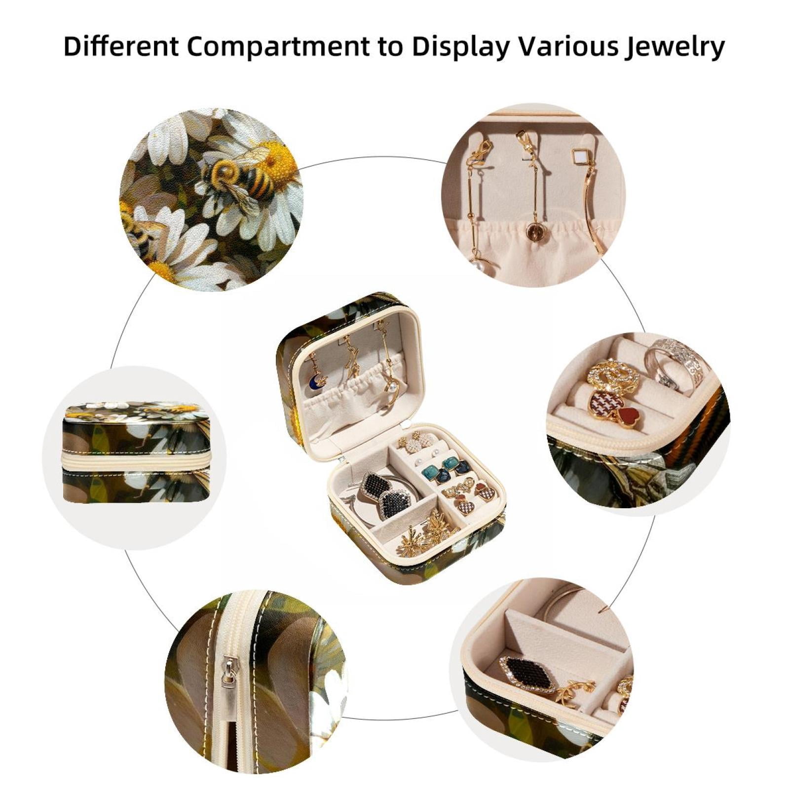 PhooArto Small Jewellery Box, Bees and Daisy Flowers Portable Travel Mini Jewelry Case for Women Leather Ring Organizer