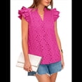 thumbnail image 3 of Blusas de Verano con Ojales para Mujer, Elegantes, Informales, con Cuello en V, Volantes, Mangas , de Algodón, Estilo Bohemio, con Encaje Bordado. Rosa Roja L, 3 of 7